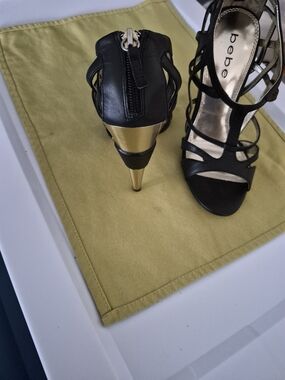 bebe Black Strappy High Heel Sandals with Gold Stiletto